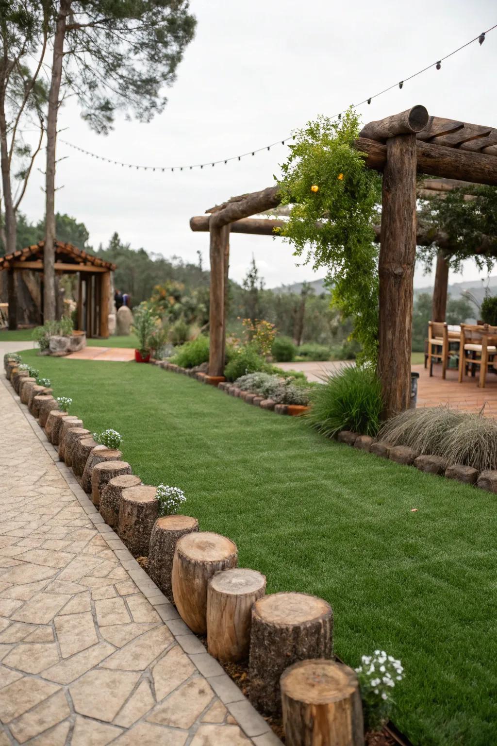 Logs create a charming rustic garden edge.