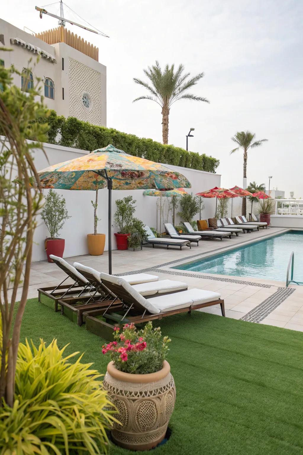A lavish poolside paradise featuring synthetic turf.