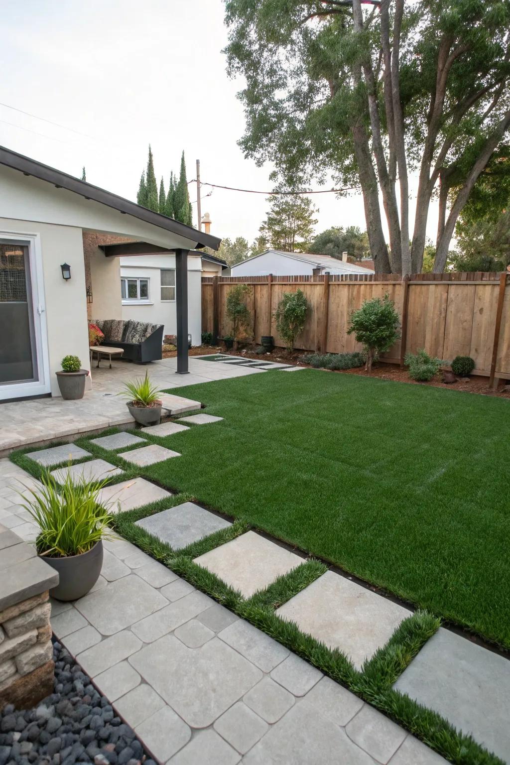 Achieve contemporary elegance by blending hardscapes and synthetic turf.