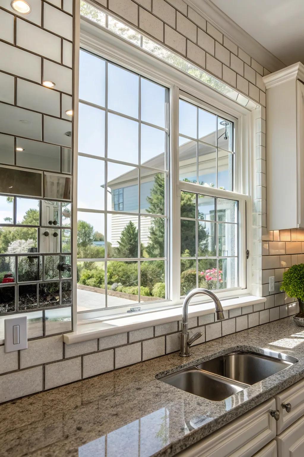 Reflective tiles expanding space around a kitchen window.