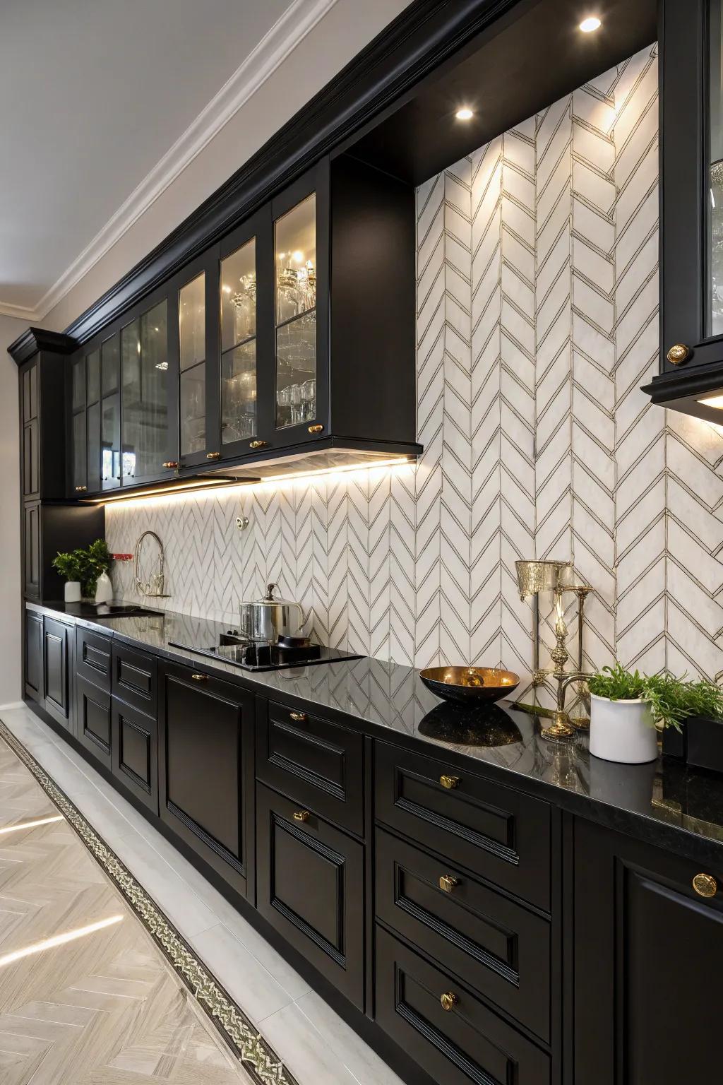 Chevron motifs contribute chic sophistication to cooking area designs.