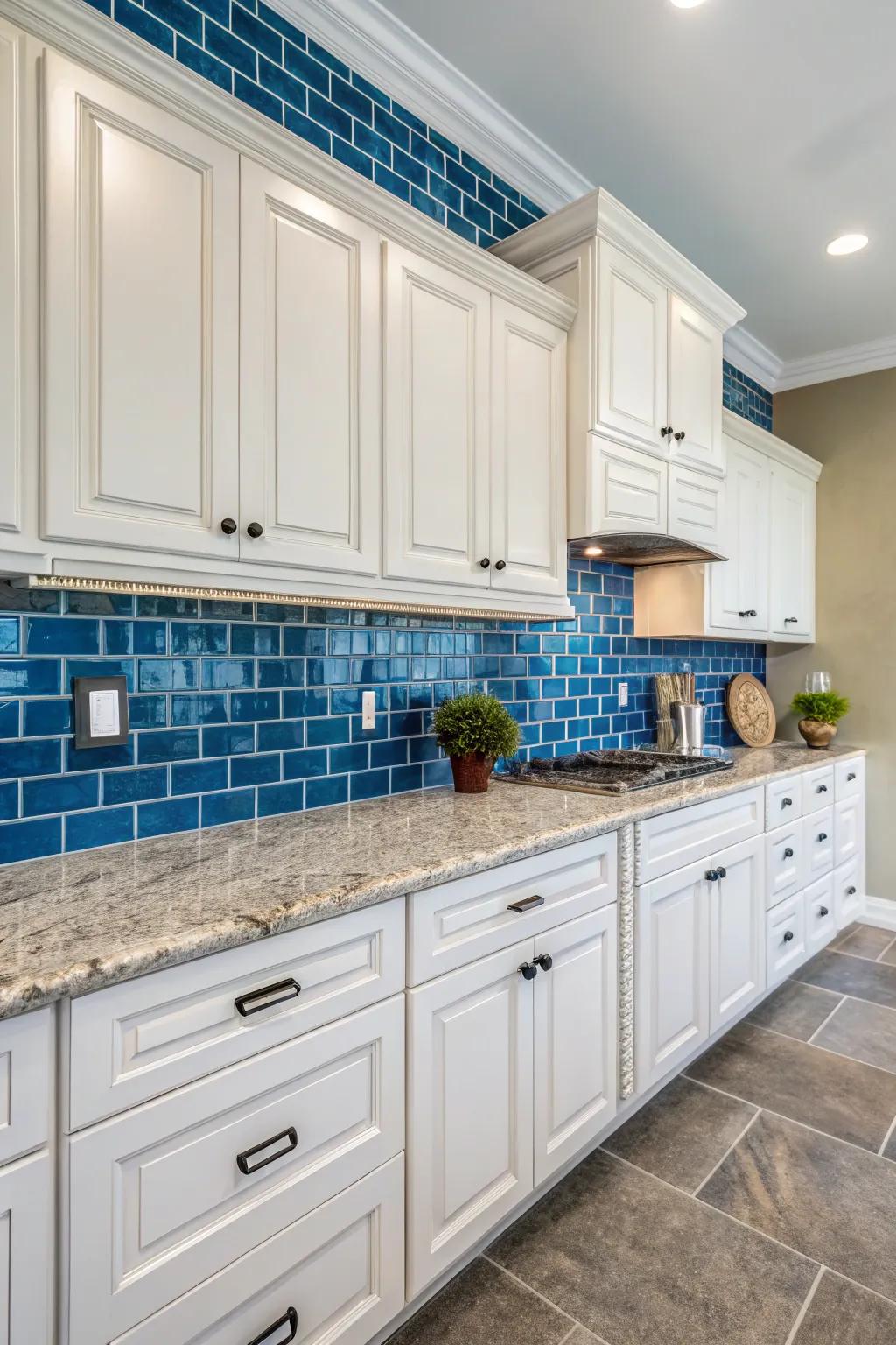 A vivid blue backsplash adds a vibrant touch to the kitchen decor.