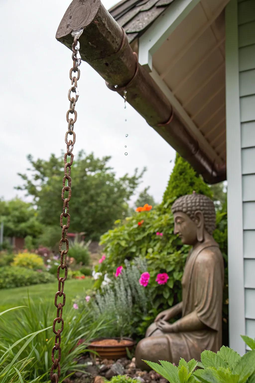 A rain chain adds a meditative water feature to your garden.