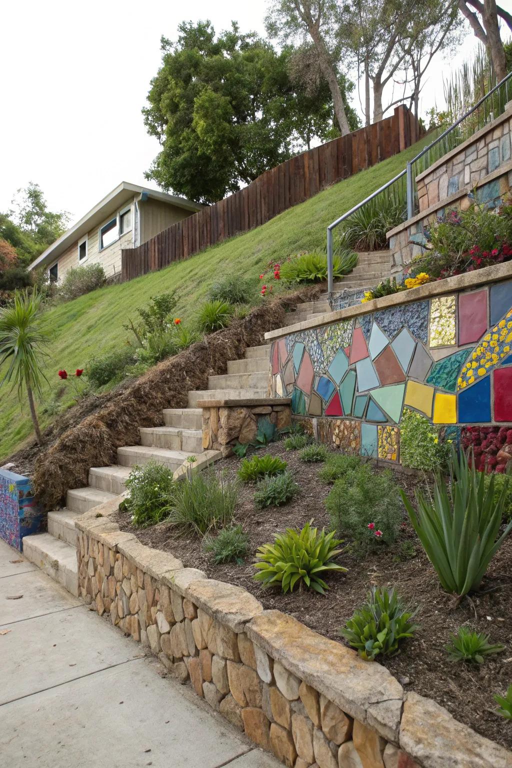 Artistic retaining walls enhance the hillside while providing support.