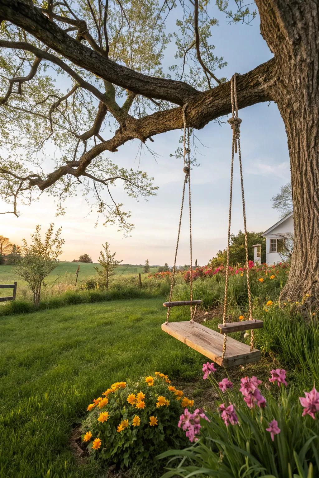 A classic swing brings playful charm to your outdoor haven.