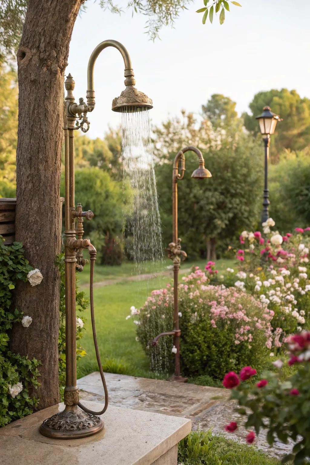 A retro ambiance outdoor shower fitted with eternal fixtures.