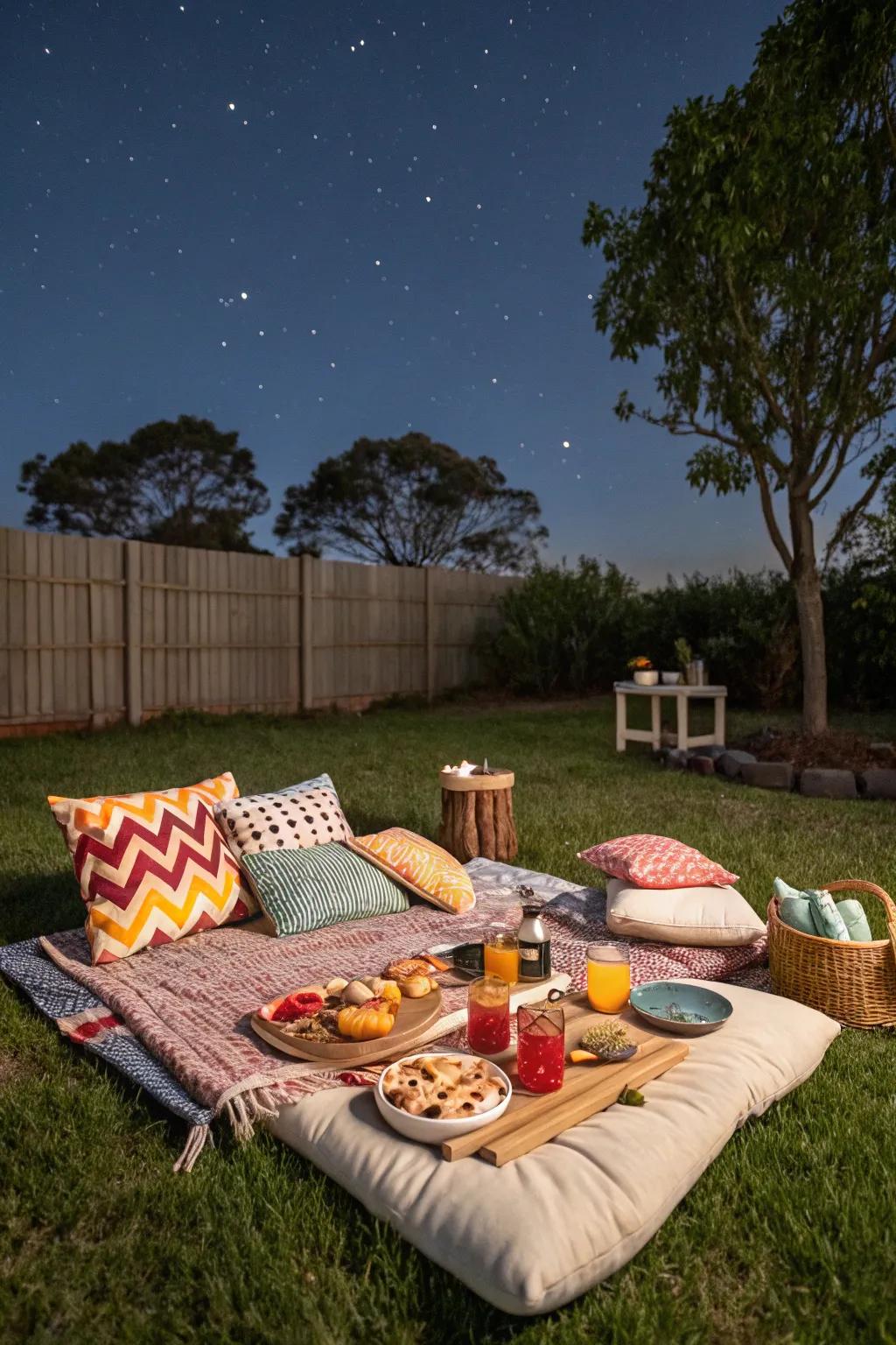 A charming picnic setup in a backyard, offering a romantic starry night proposal.