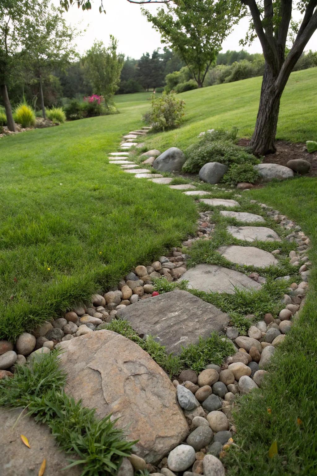 Stepping stones and weathered stones fashion an inviting path.