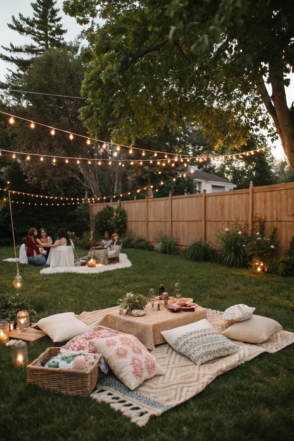 A personal picnic arrangement offers a laid-back and cozy seating option.