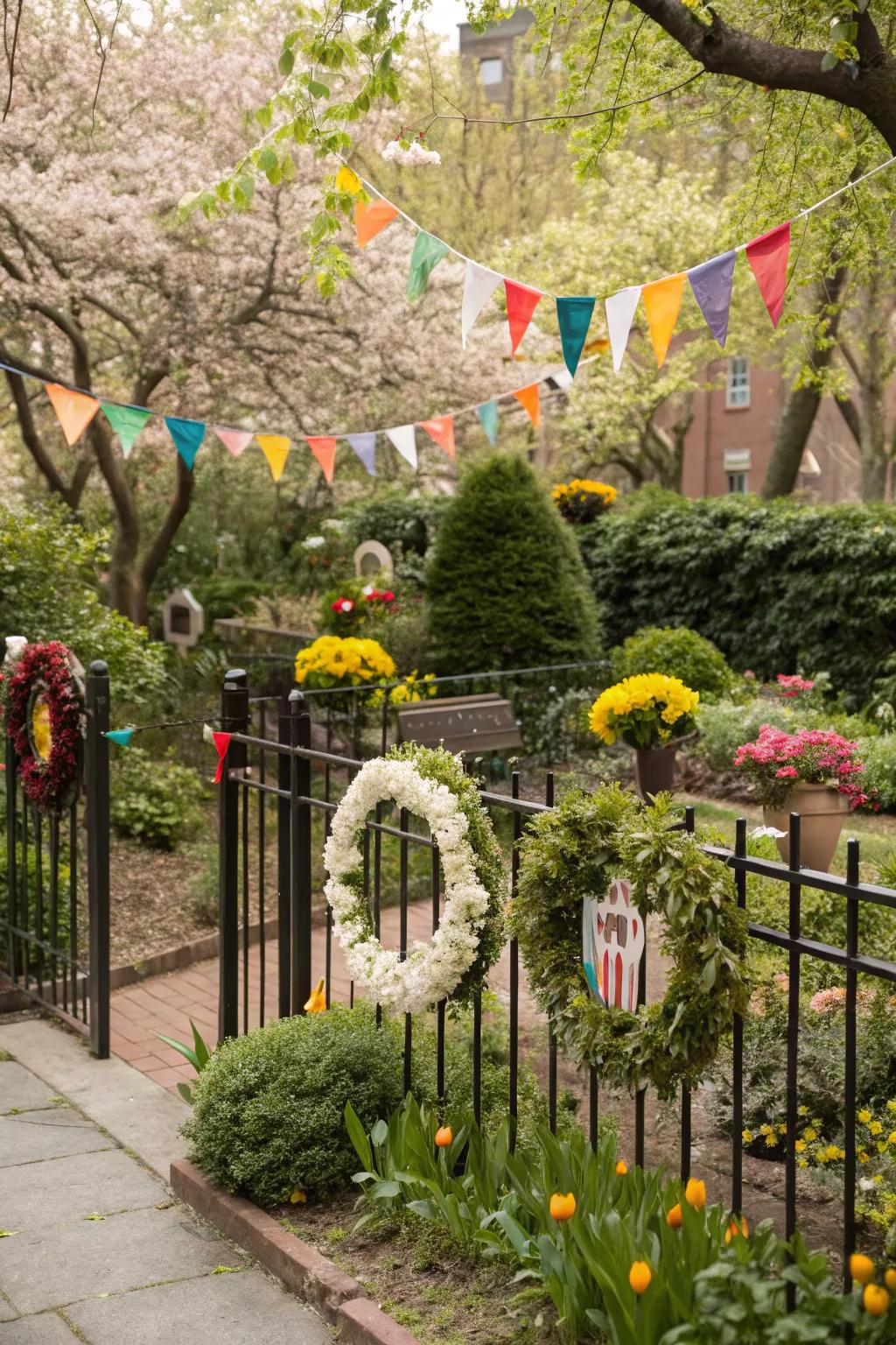 A garden with flags and wreaths.