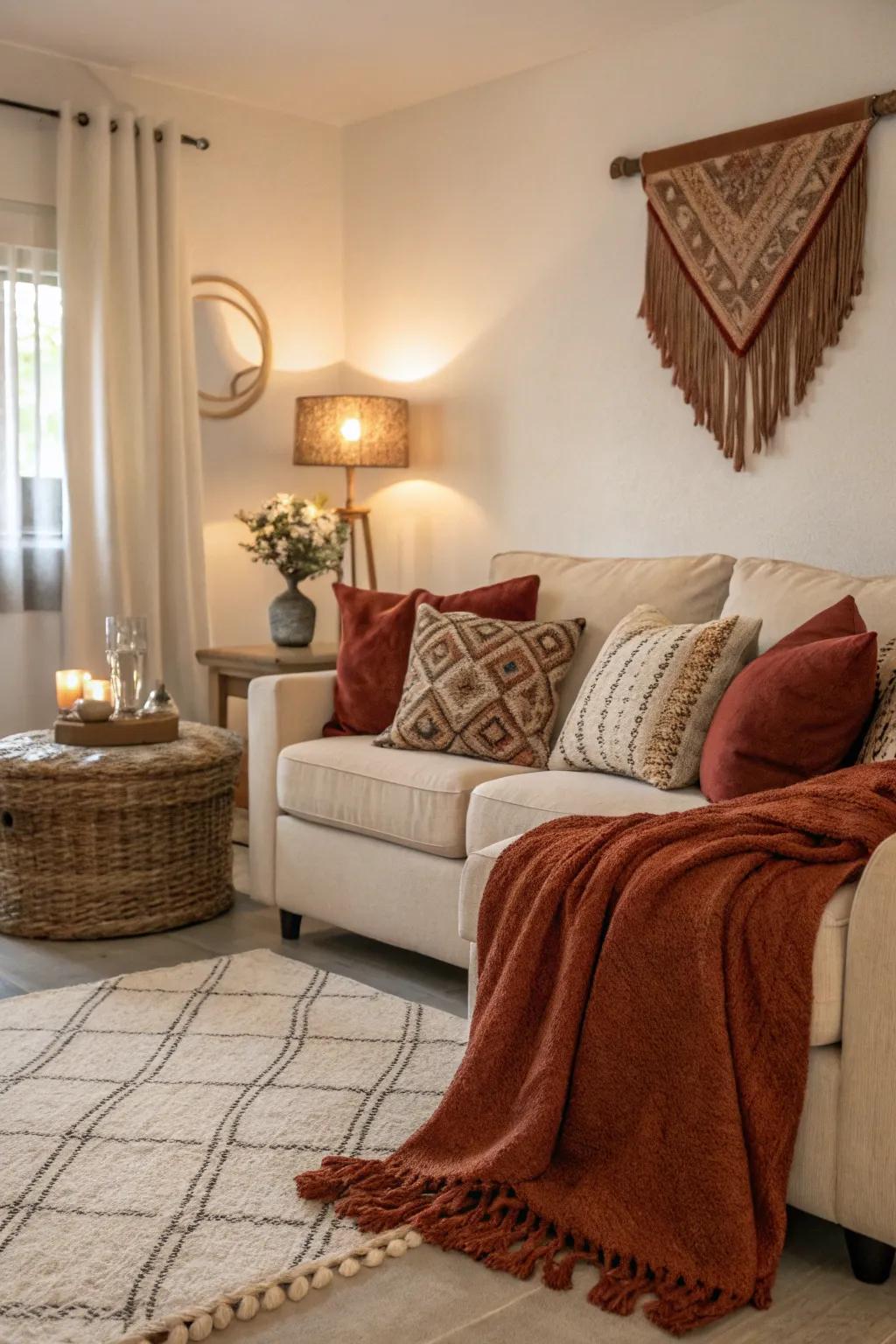 Rust accents impart warmth and sophistication.