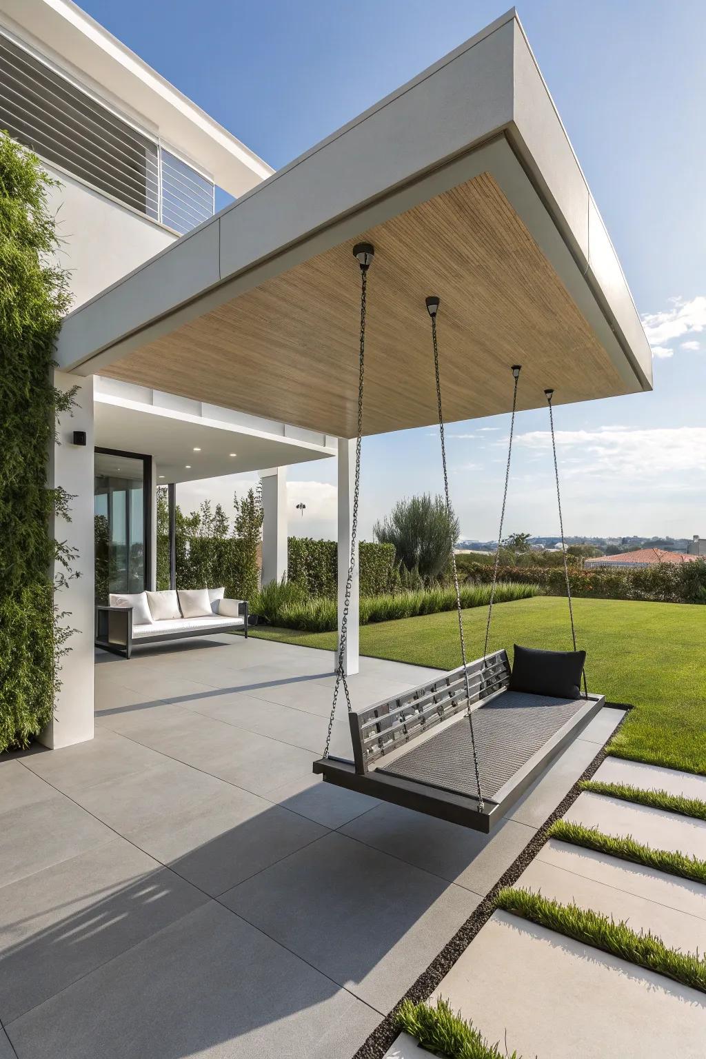 Floating benches add a surprising and captivating element to patios.