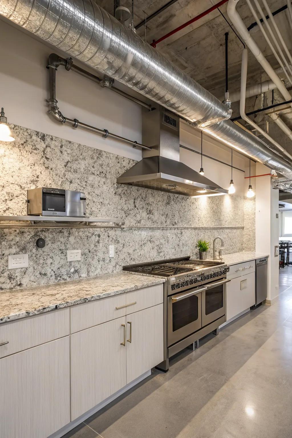 Urban chic kitchen with Bianco Antico granite and industrial elements.