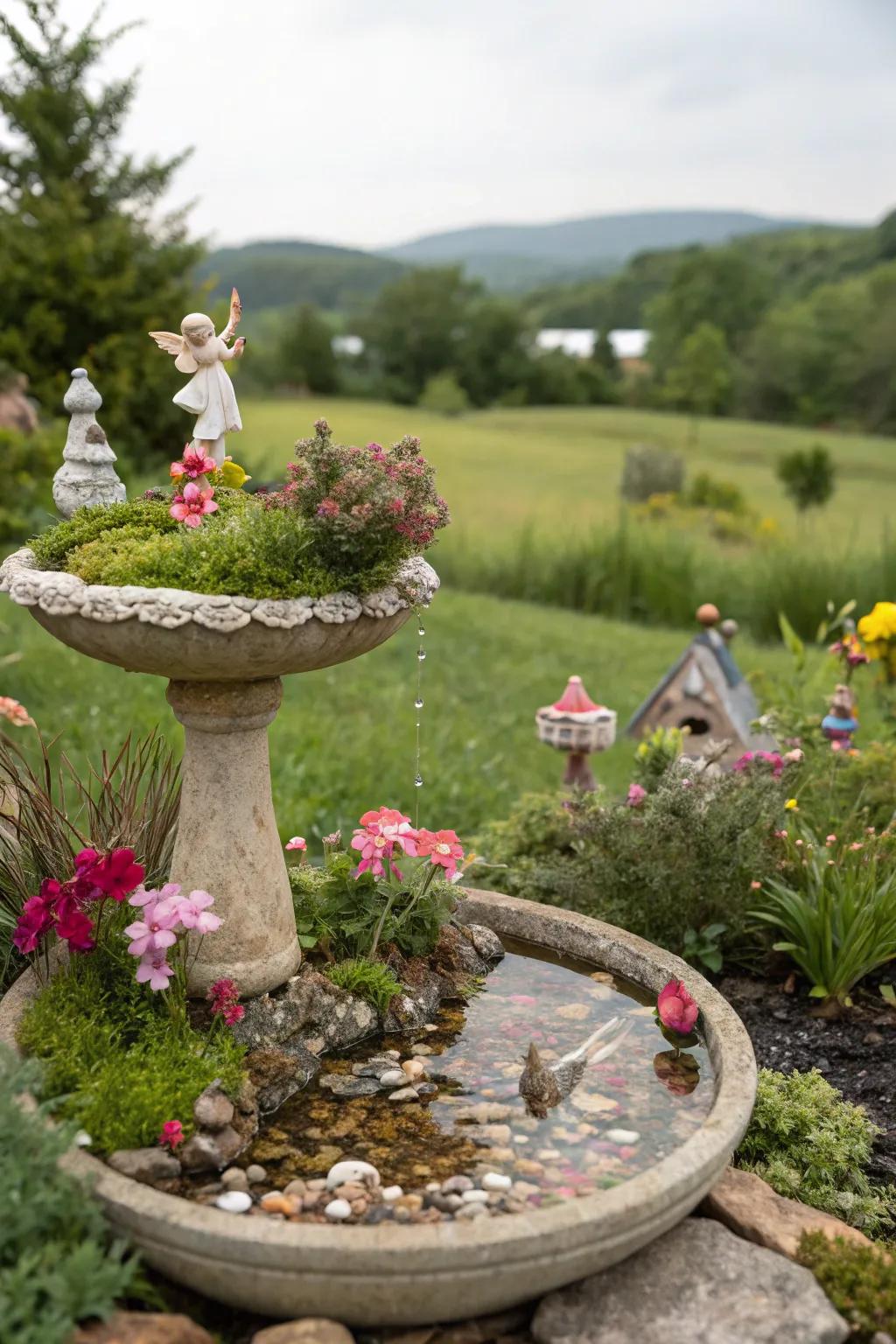 An eccentric bird watering spot nestled inside a delightful pixie yard.