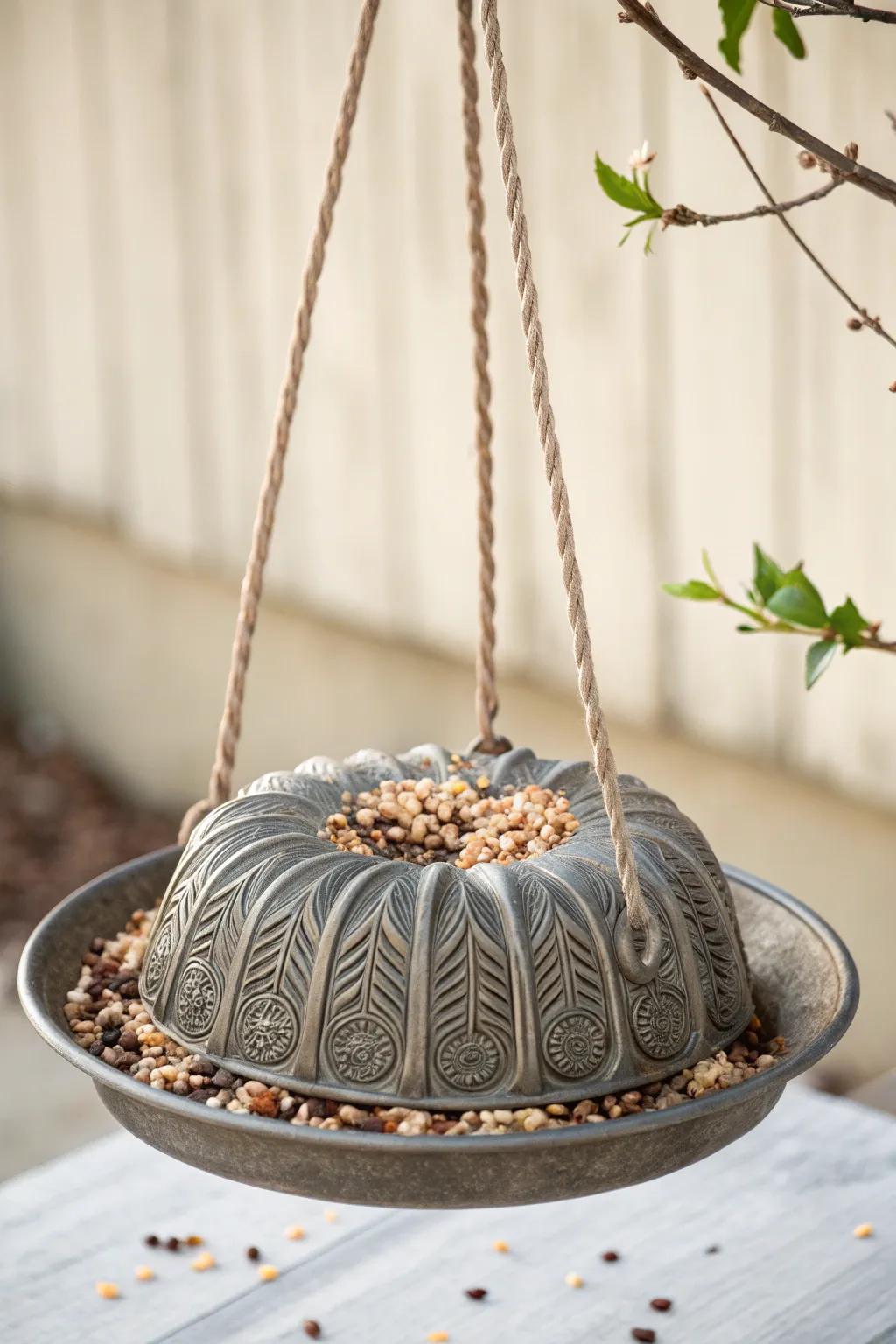 Transform a Bundt cake pan into a chic bird feeder that combines elegance and functionality for your garden sanctuary.