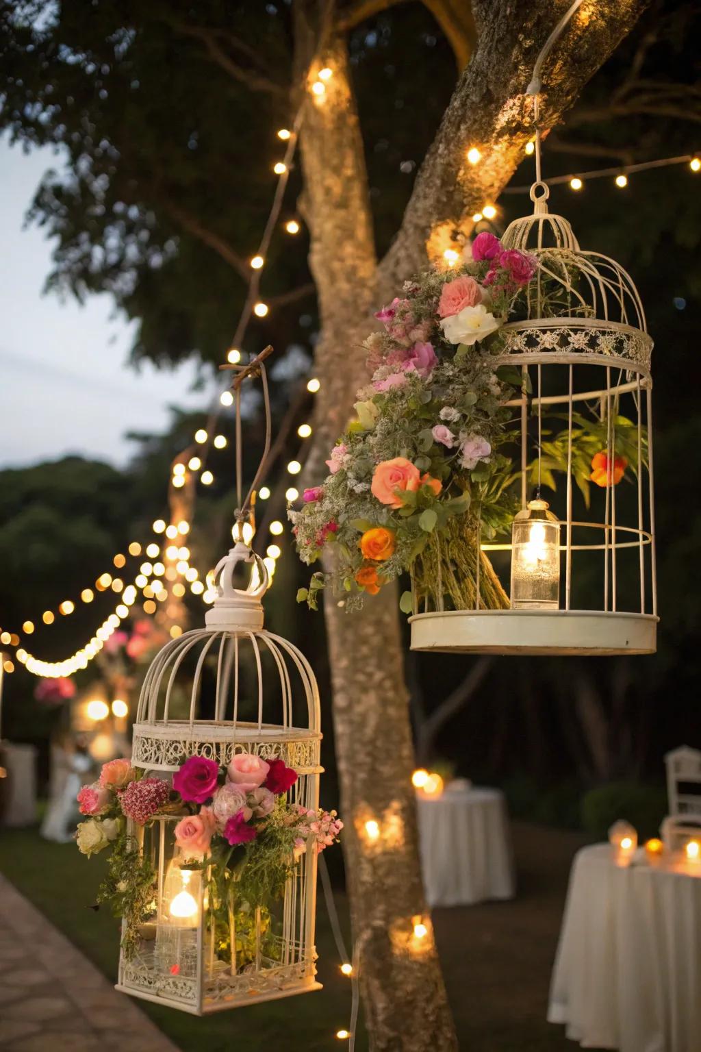 Birdcages filled with flowers and lights create enchanting wedding decor.