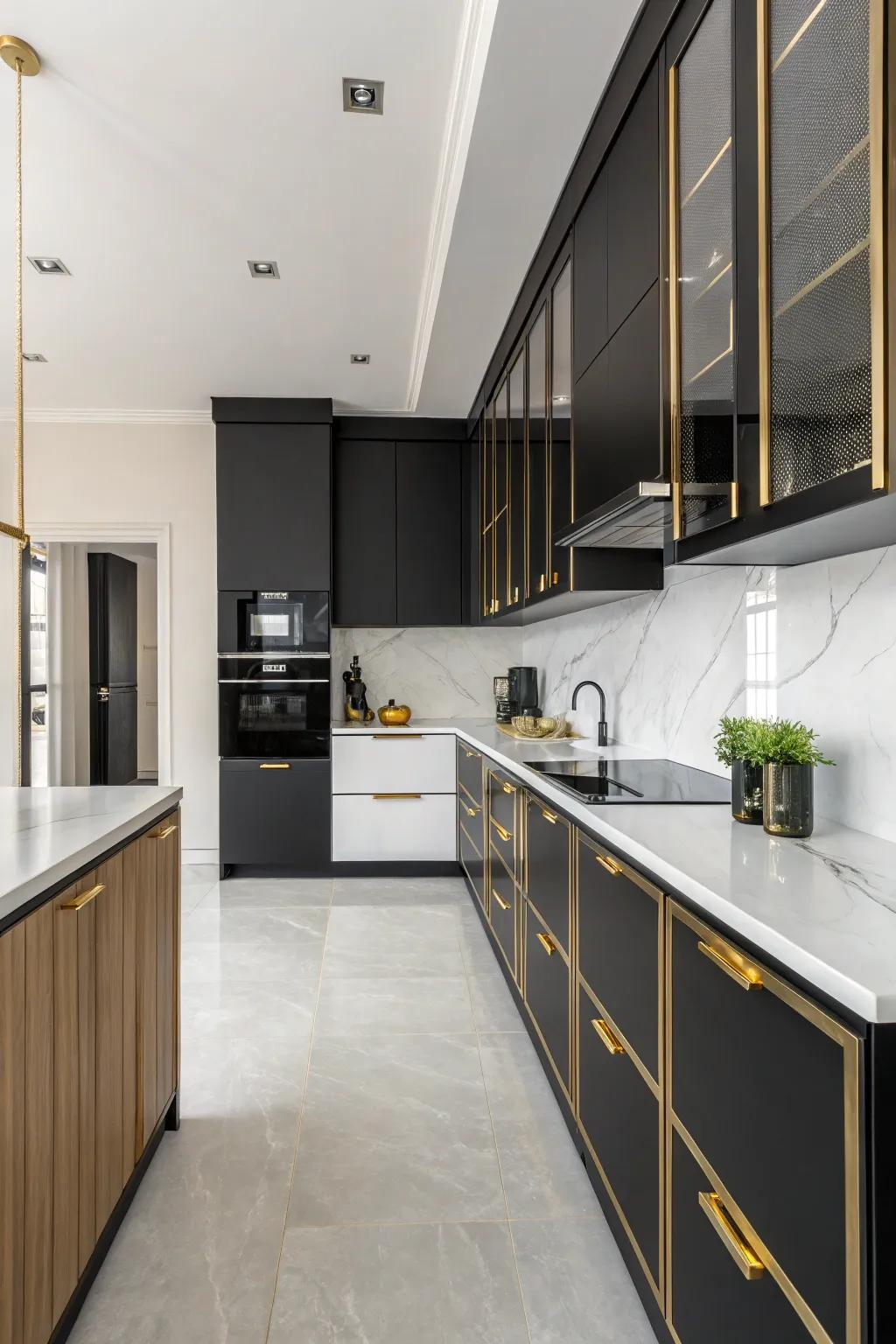 Minimalist décor with bold black and gold accents.