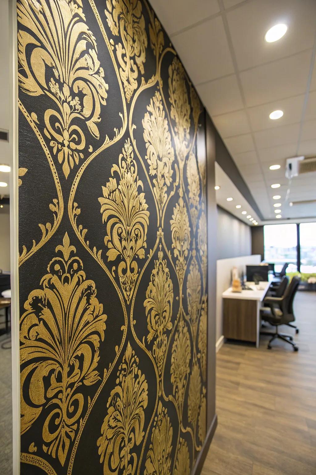 Ebony and gilded wall covering creates a bold statement in your office.