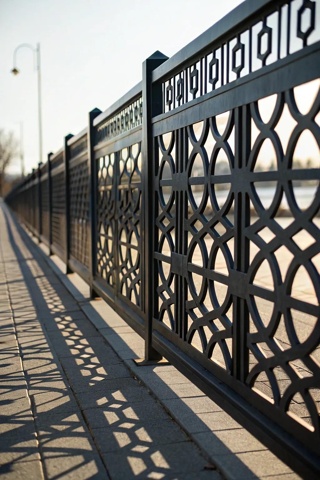 A black fence with geometric designs adds a modern artistic touch.