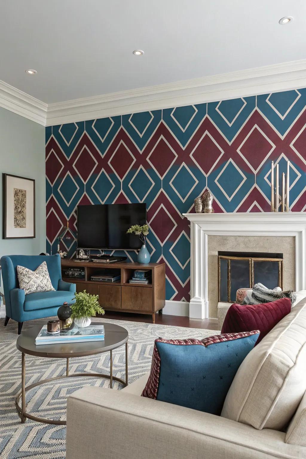 A feature wall in cerulean and wine becoming a striking centerpiece.