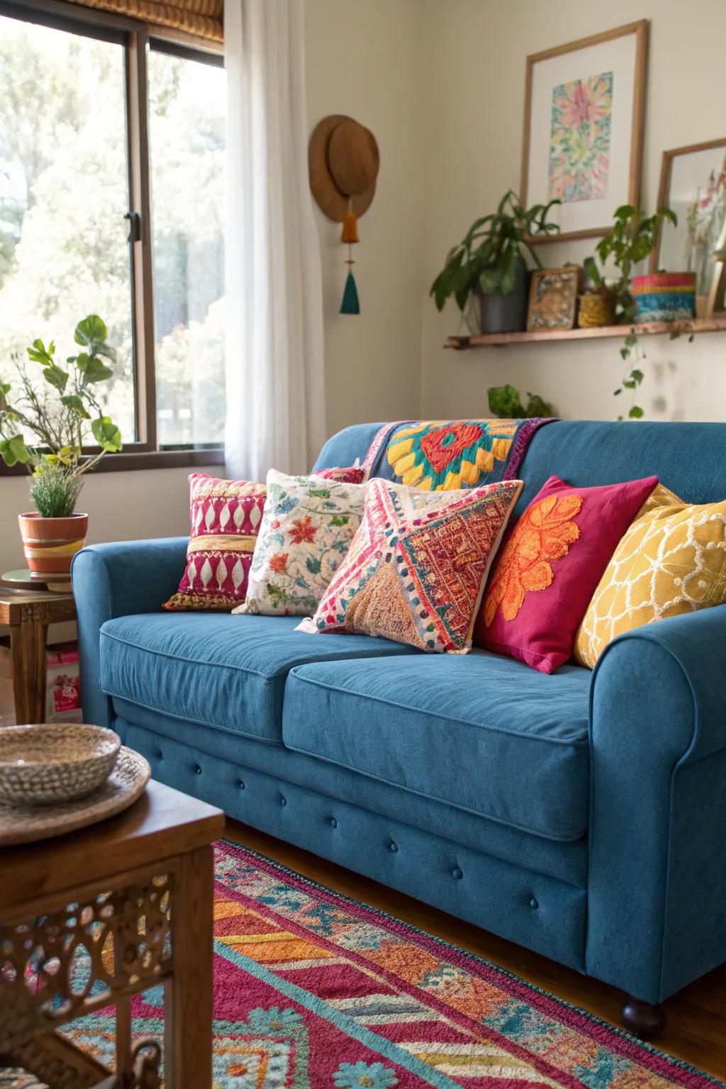 Bright accents make the blue couch pop with energy.