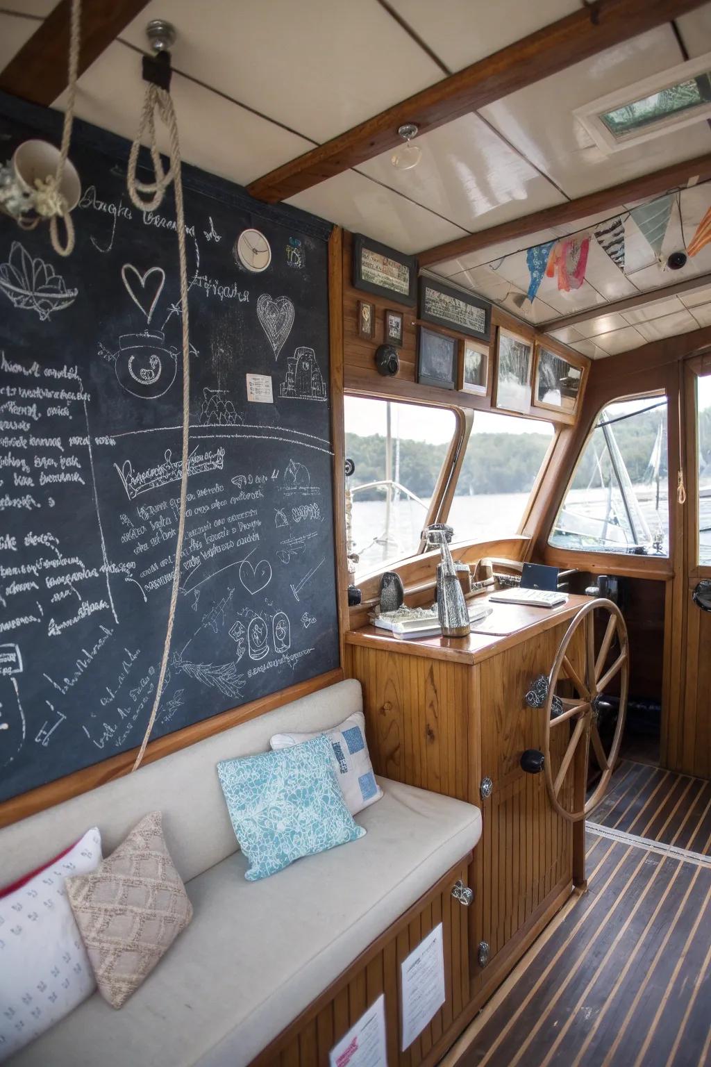 A chalkboard adds a playful and functional element.