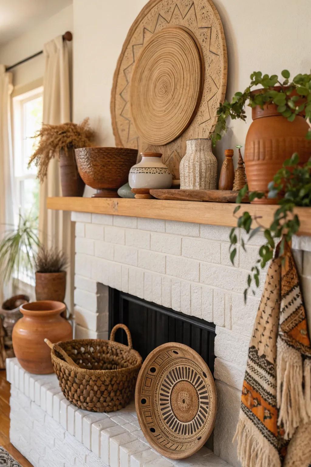 A natural bohemian-style fireplace mantel adorned with earthy pottery and ceramics.
