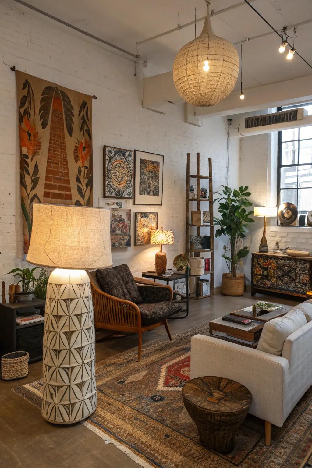 Functional artistic pieces contribute depth and practicality to your boho loft.