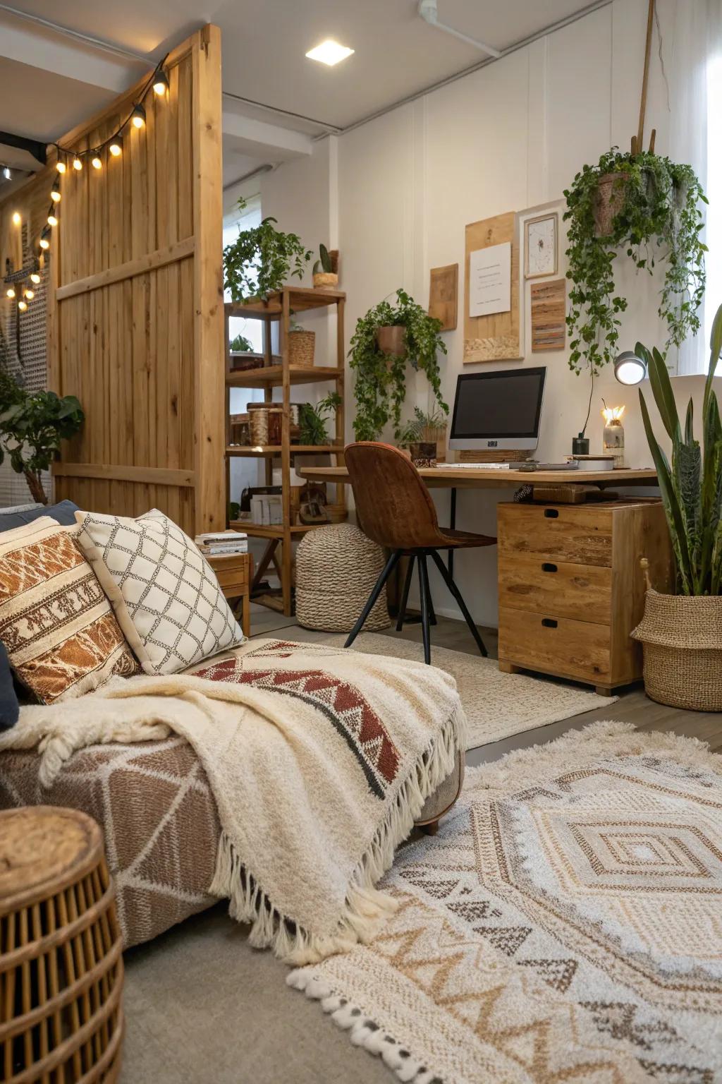 Textural layers with throws and cushions craft a warm setting.