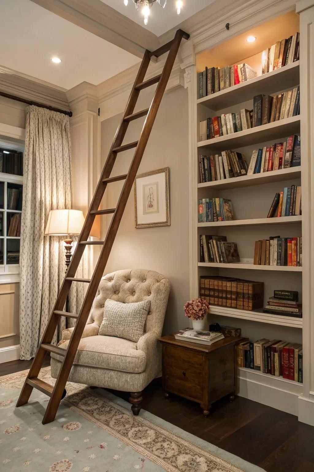 A book nook integrating a library-style staircase for an exquisite and functional embellishment.