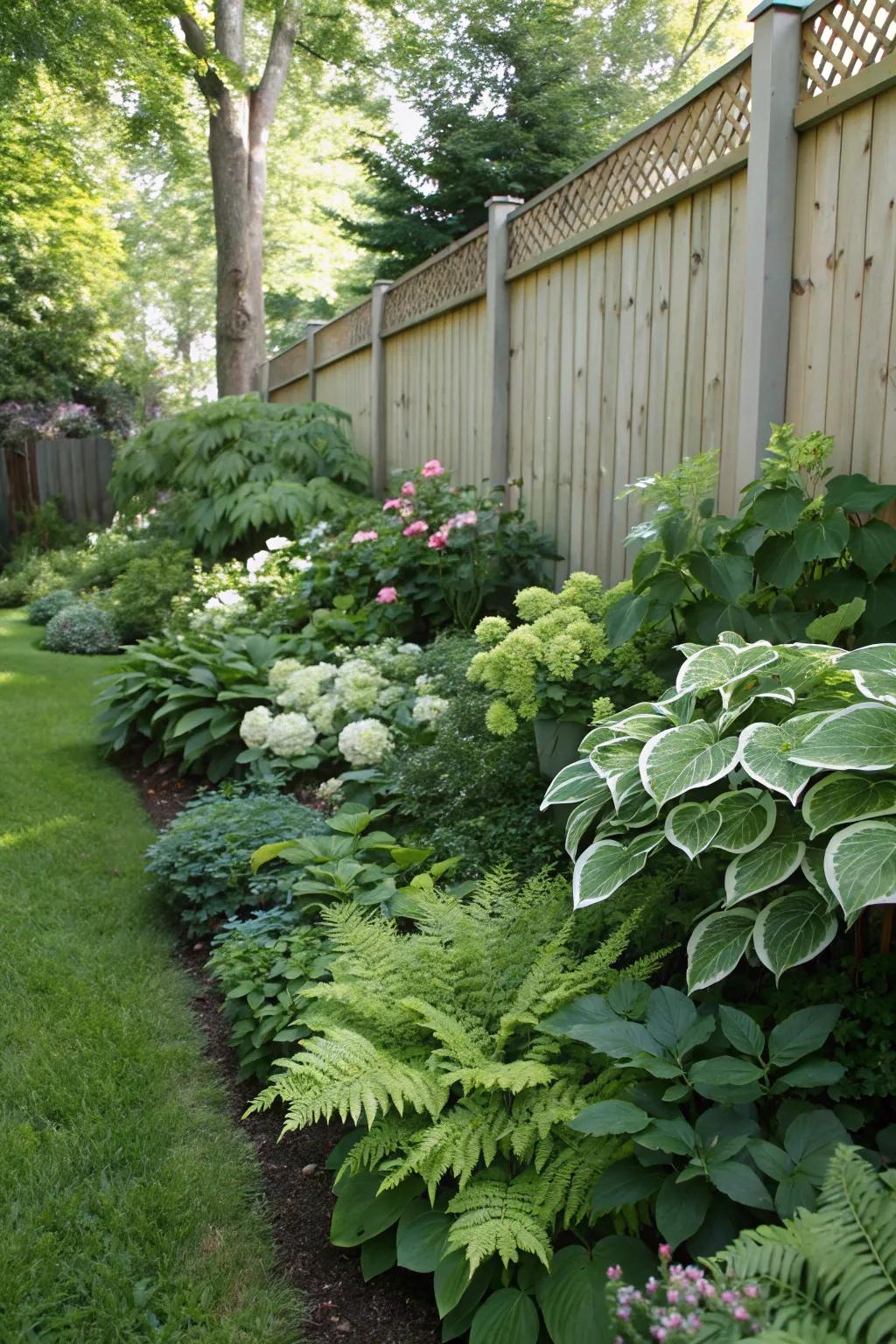 A lush, shaded garden border with shade-loving plants.