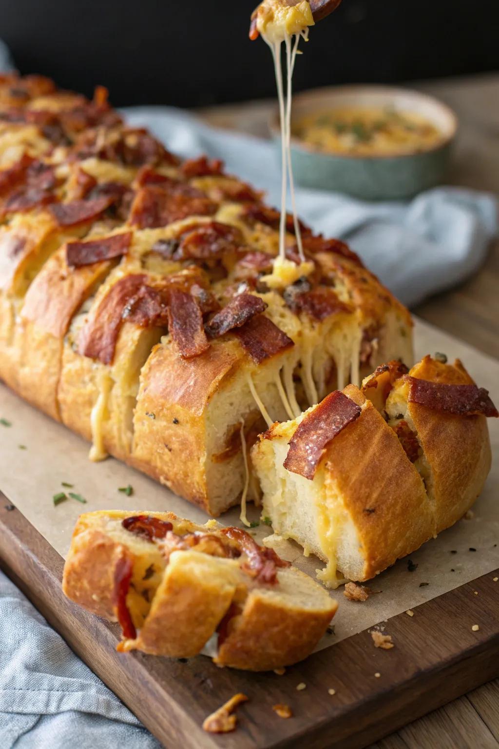 Bacon and cheese pull-apart, a savory treat for any get-together.