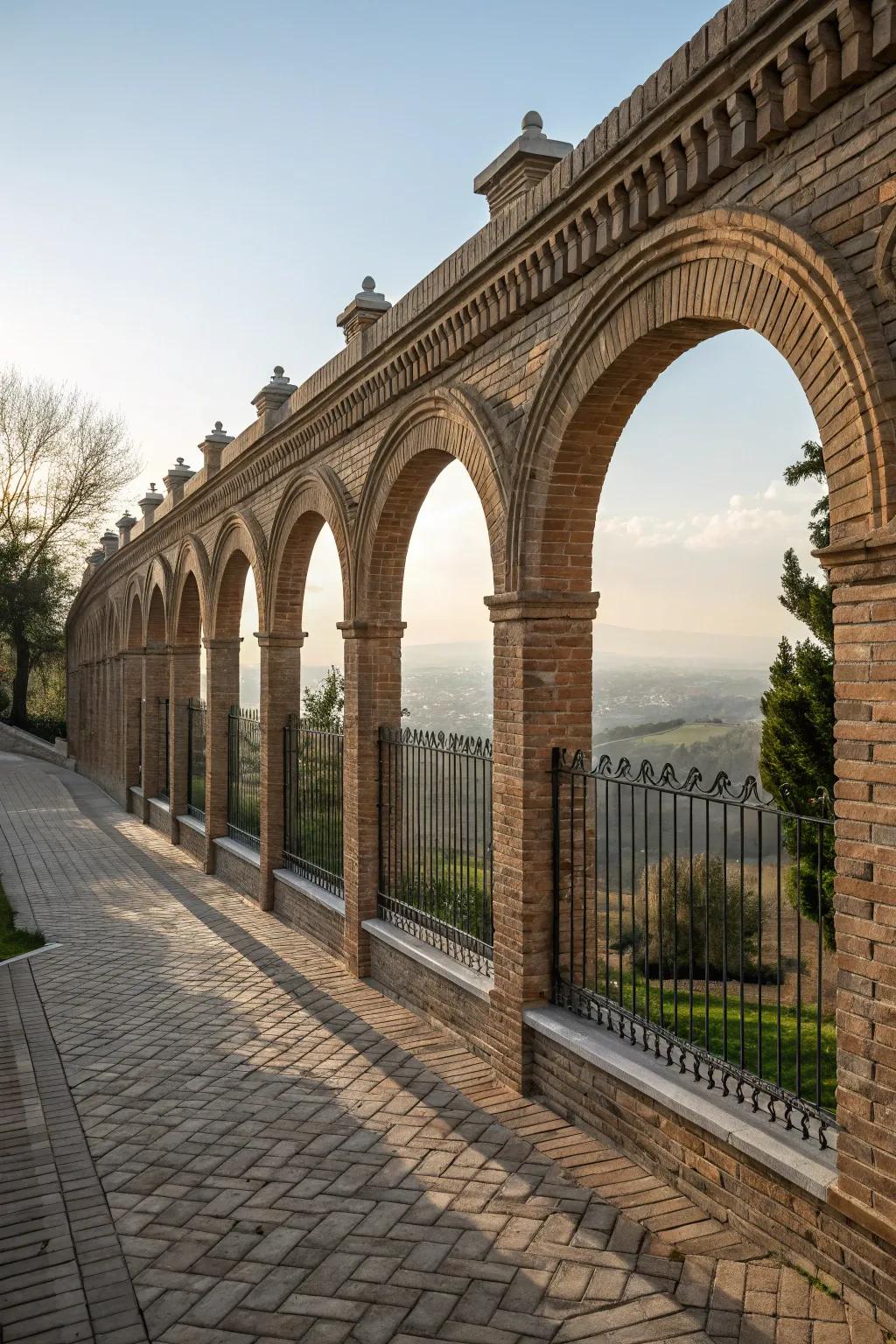 Archways impart magnificence and openness to brick fences.