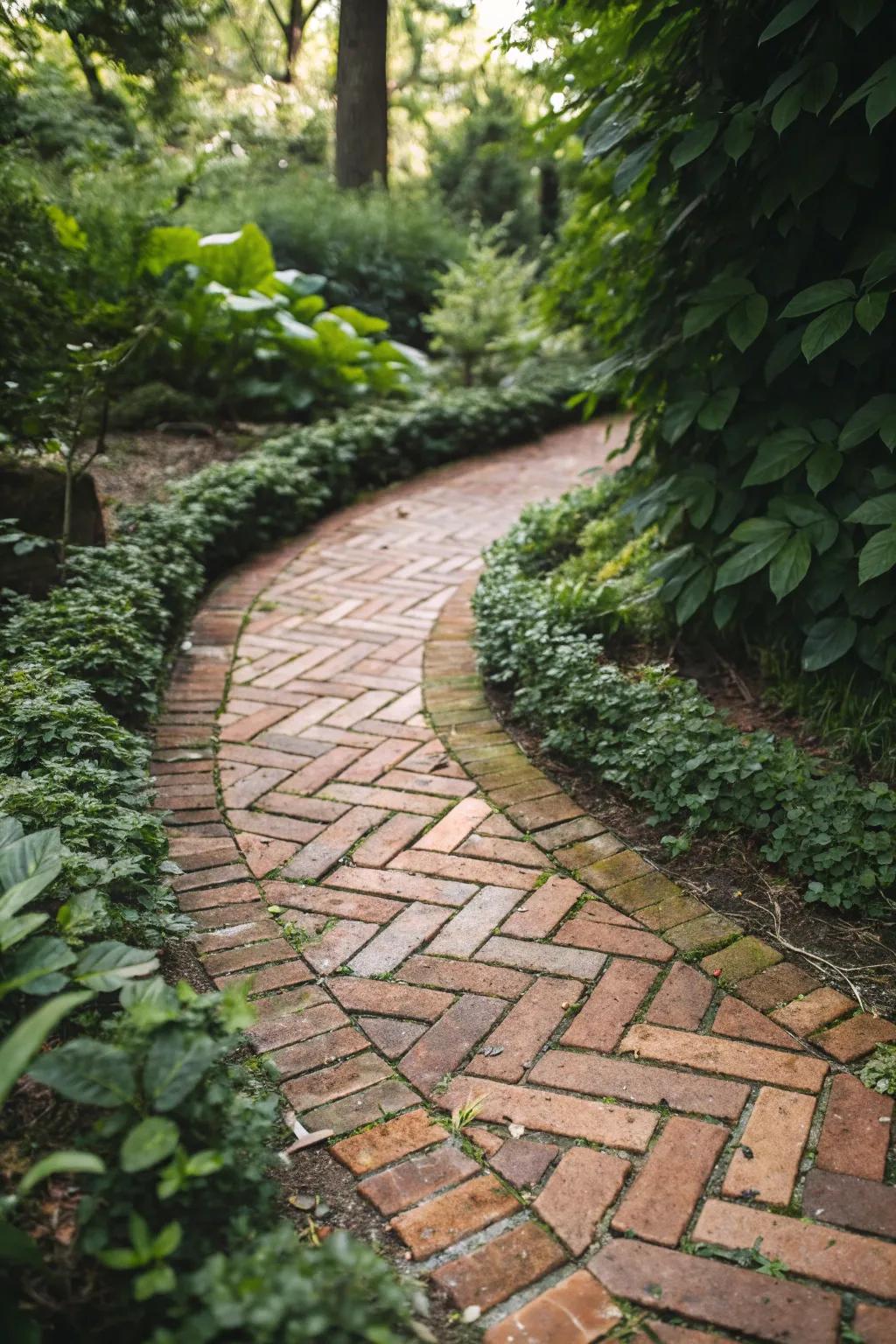 Elevate your garden with the timeless elegance of a herringbone brick path.