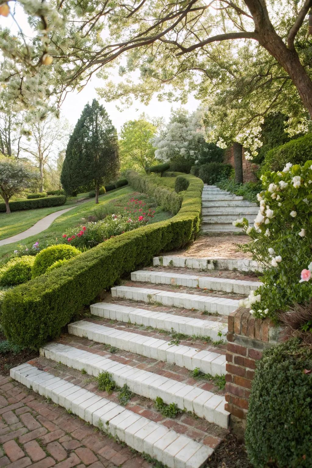 Whitewashed brick steps offering a whimsical appeal.