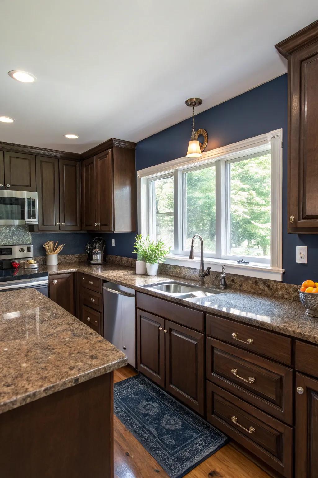 Ocean blue walls craft a striking, regal contrast.