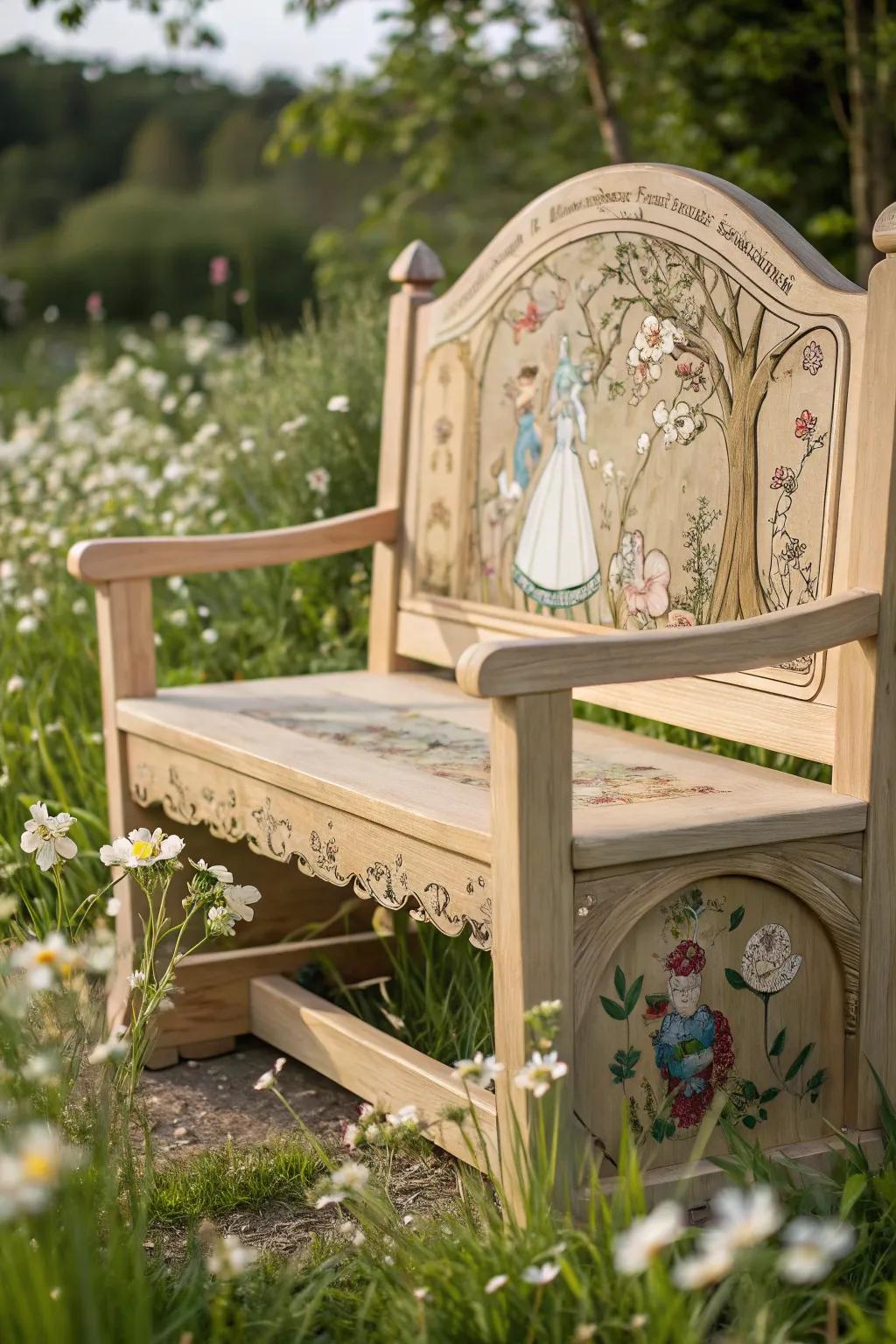 Step into a storybook world with this enchanting buddy bench, where tales come to life in every carved detail. 🌿📖