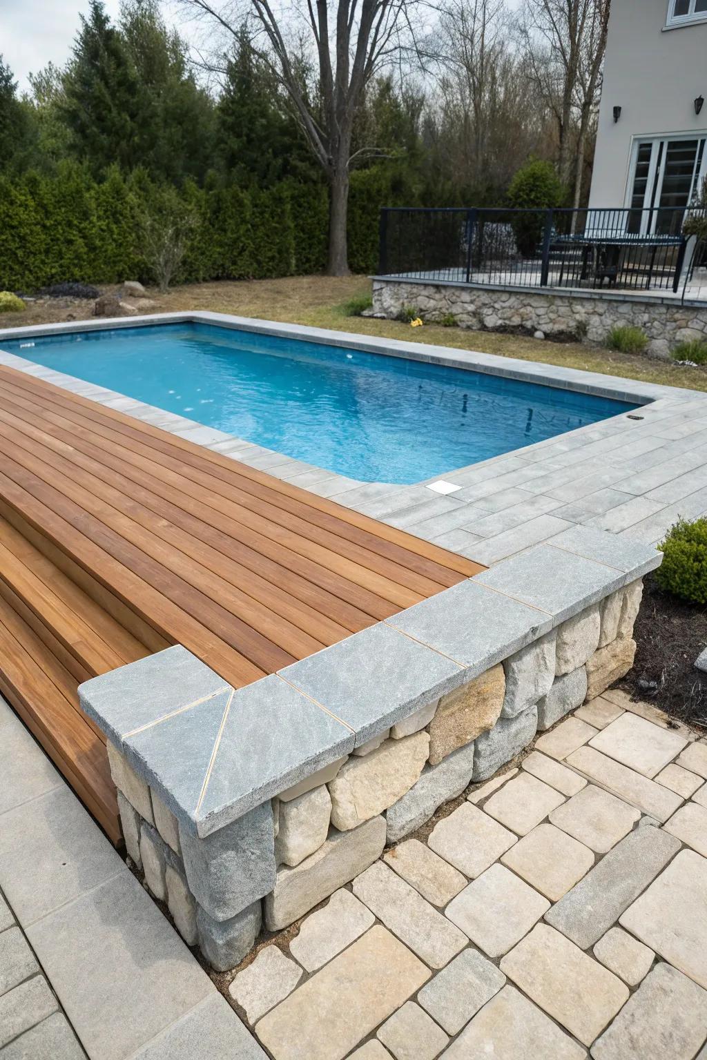 Contrasting materials add depth and visual interest to your pool deck.