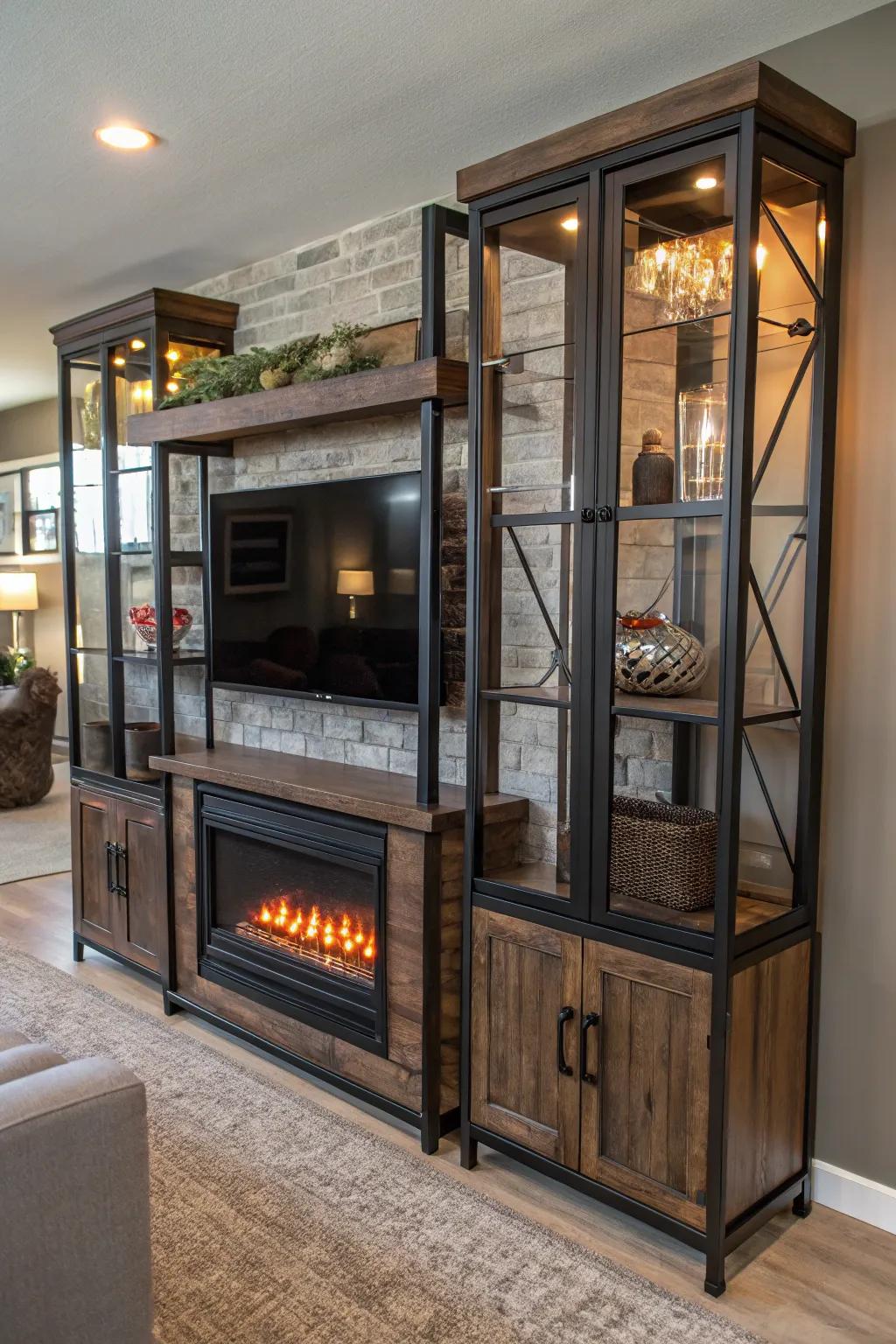 An eclectic mix of materials adds depth and character to this entertainment center.