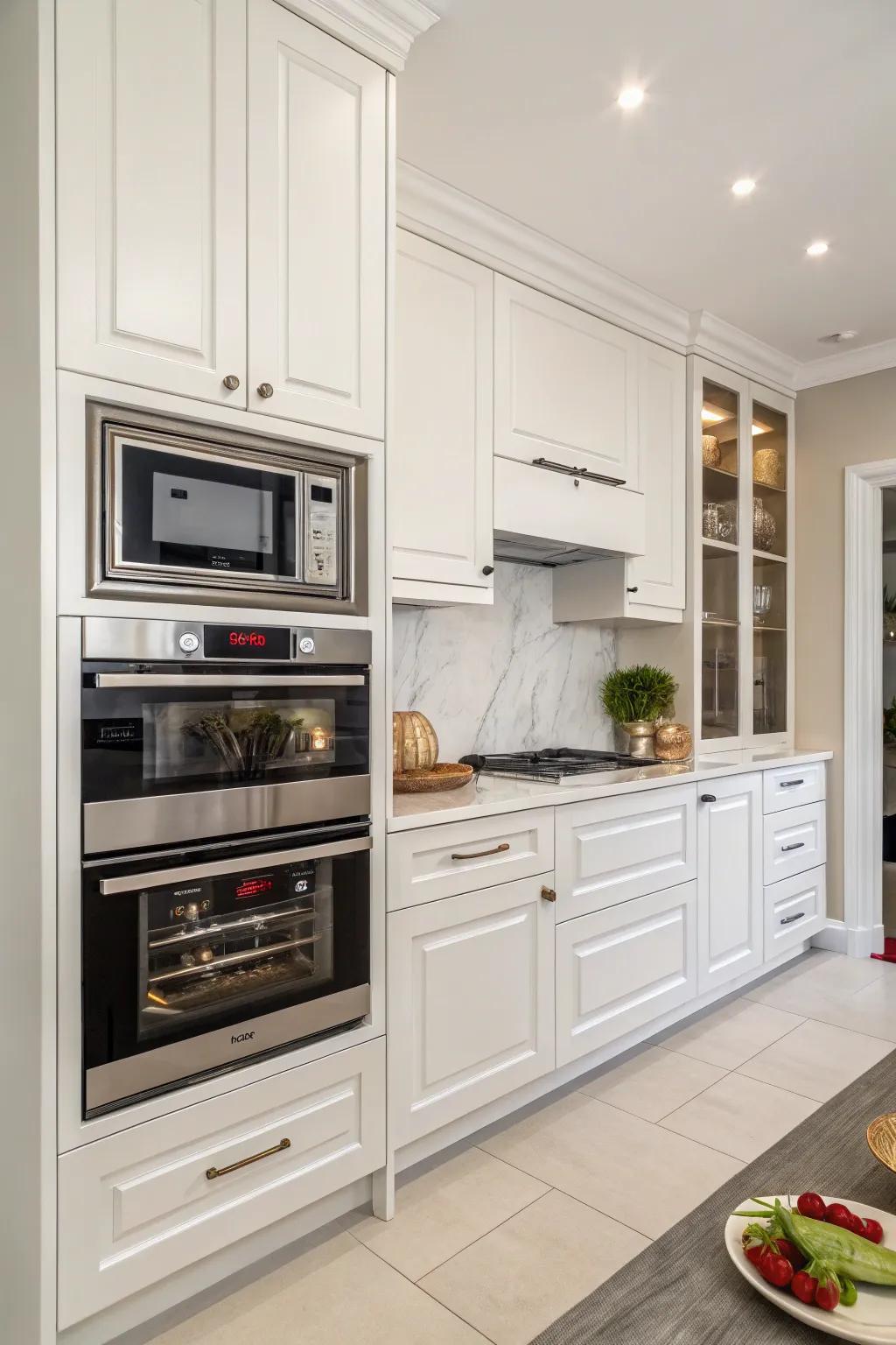 An organized utility appliance structure featuring a cooker and wall oven.