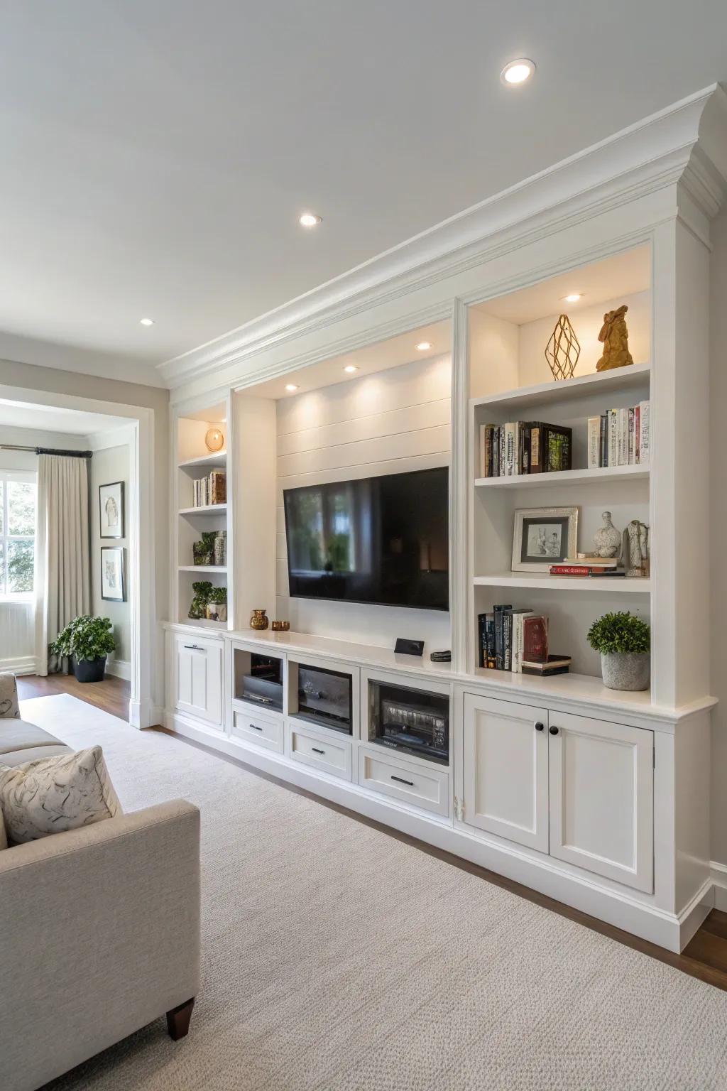 With built-in shelves and hidden TV storage, the area looks uncluttered.
