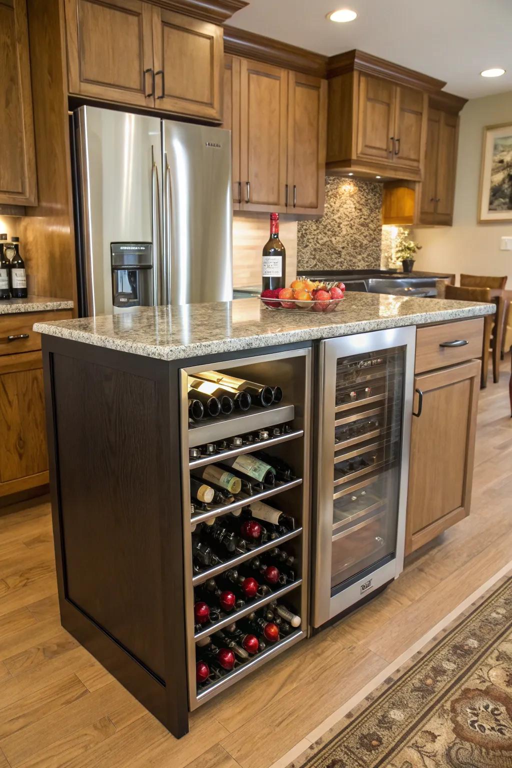 A kitchen island that's also a stylish place to store wine.