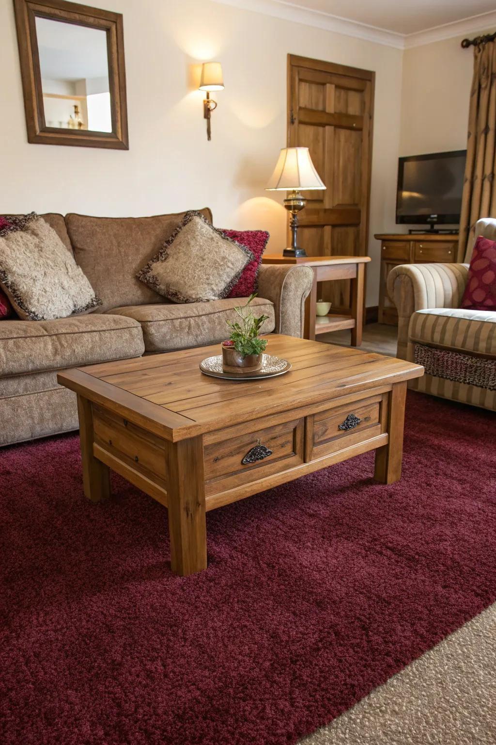 Wood made features add warmth and complement a maroon carpet.