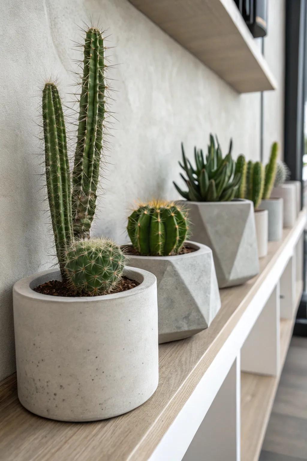 Concrete pots adding an industrial touch to cactus displays.