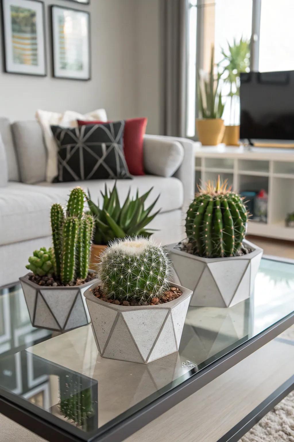 Geometric planters furnish a contemporary alteration for your cactus placement.