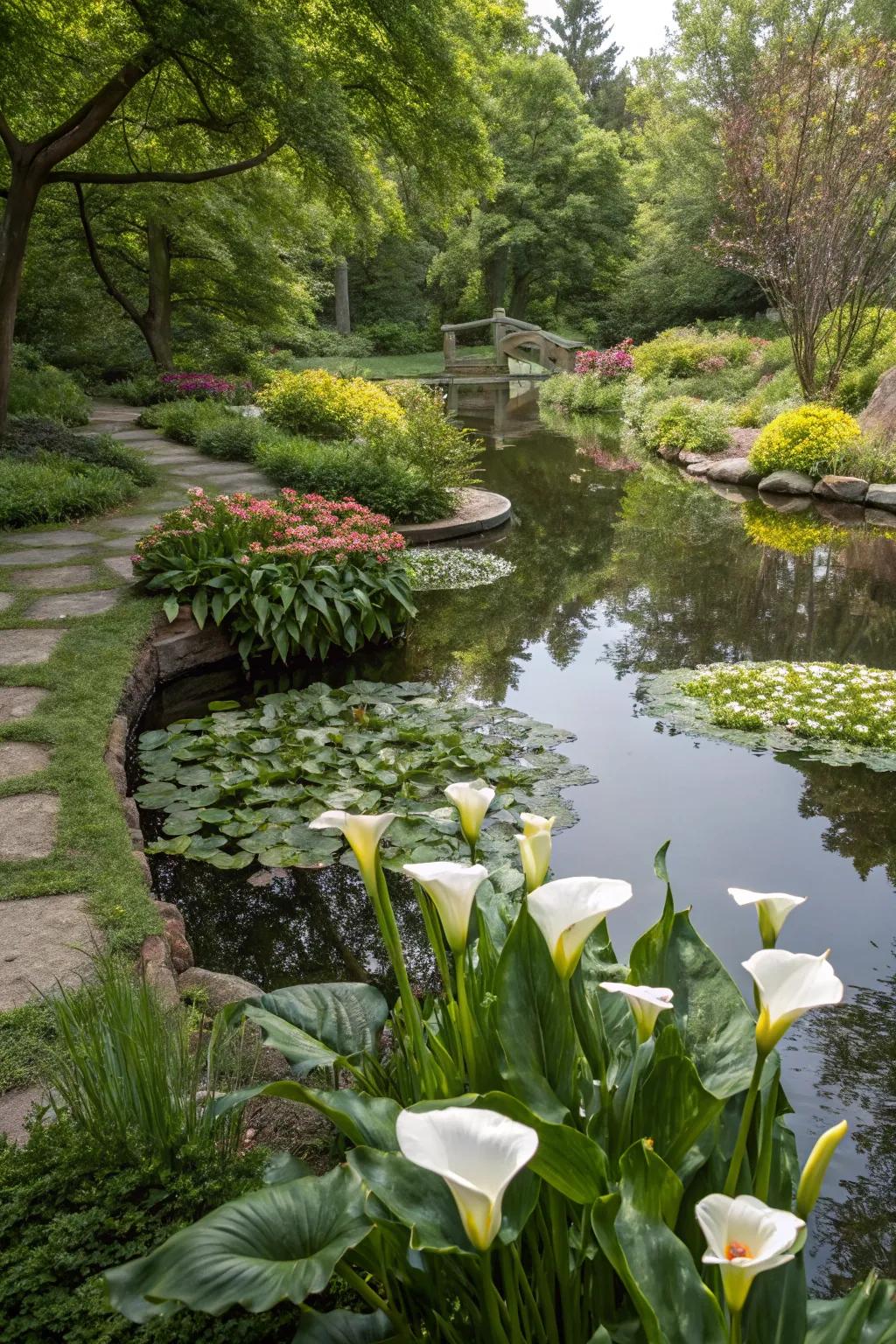 Calla lilies crafting a serene aqueous garden haven.