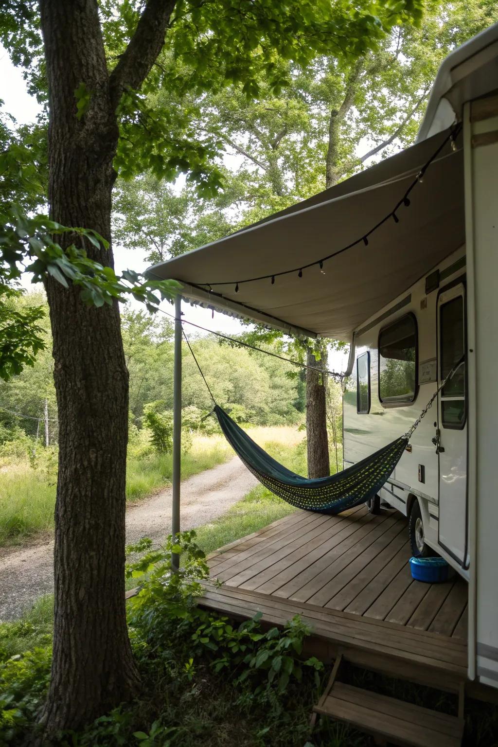 A portable hammock offering a peaceful retreat on the porch.