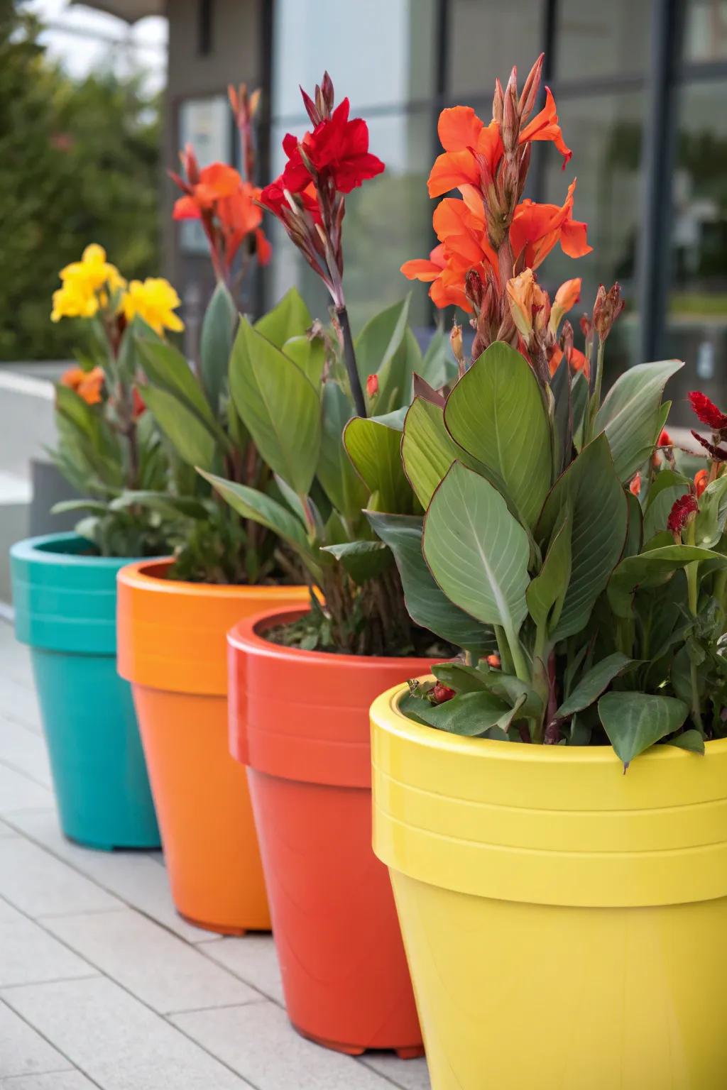 Glory plants in color-partitioned pots for a playful garden display.