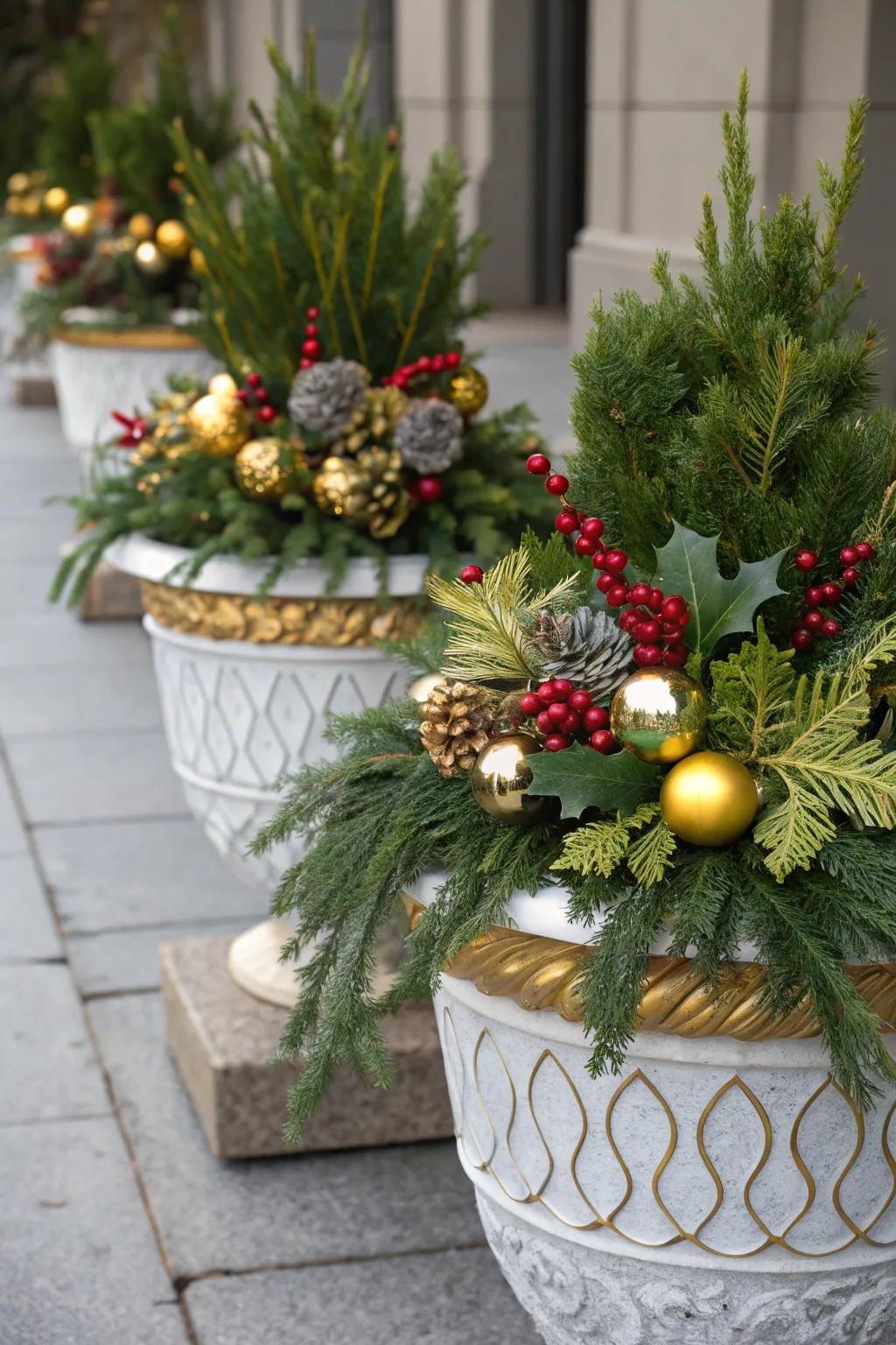 Metallic accents add a festive sparkle to your porch.