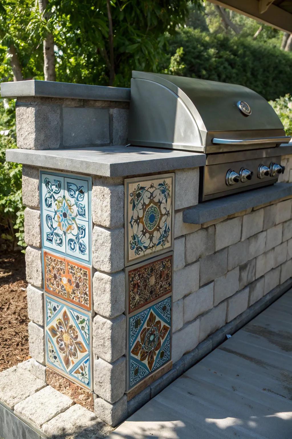 Transform your grill into a masterpiece with artistic tile accents for a striking backyard centerpiece.